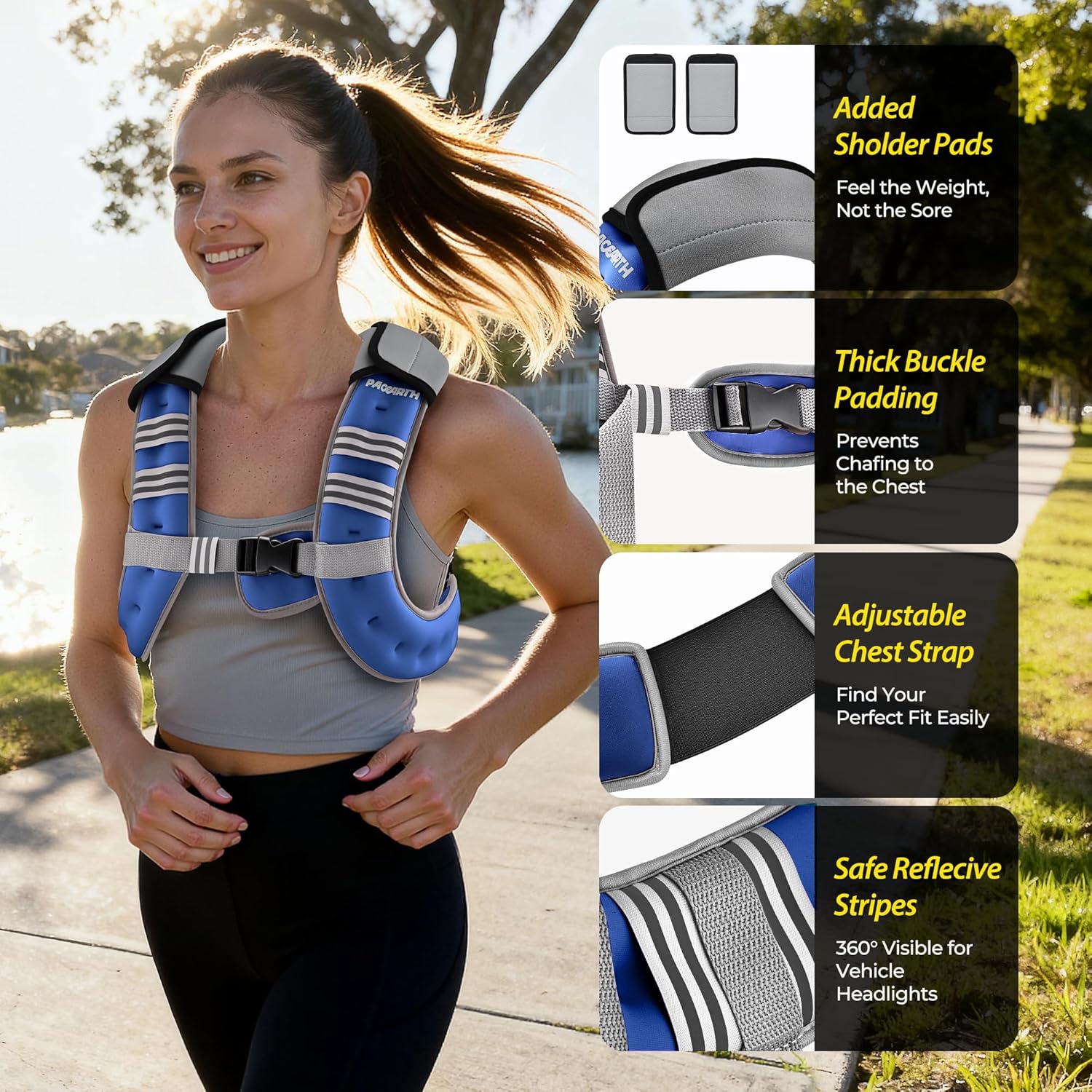 Pacearth Weighted Vest with Arm Strap Phone Pouch and Reflective Stripe Blue - Image 3
